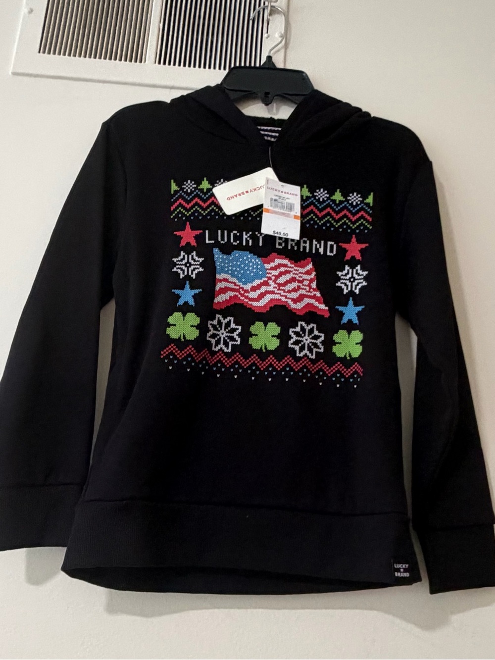 Lucky Brand Black Hoodie with Patriotic Flag and Festive Motifs